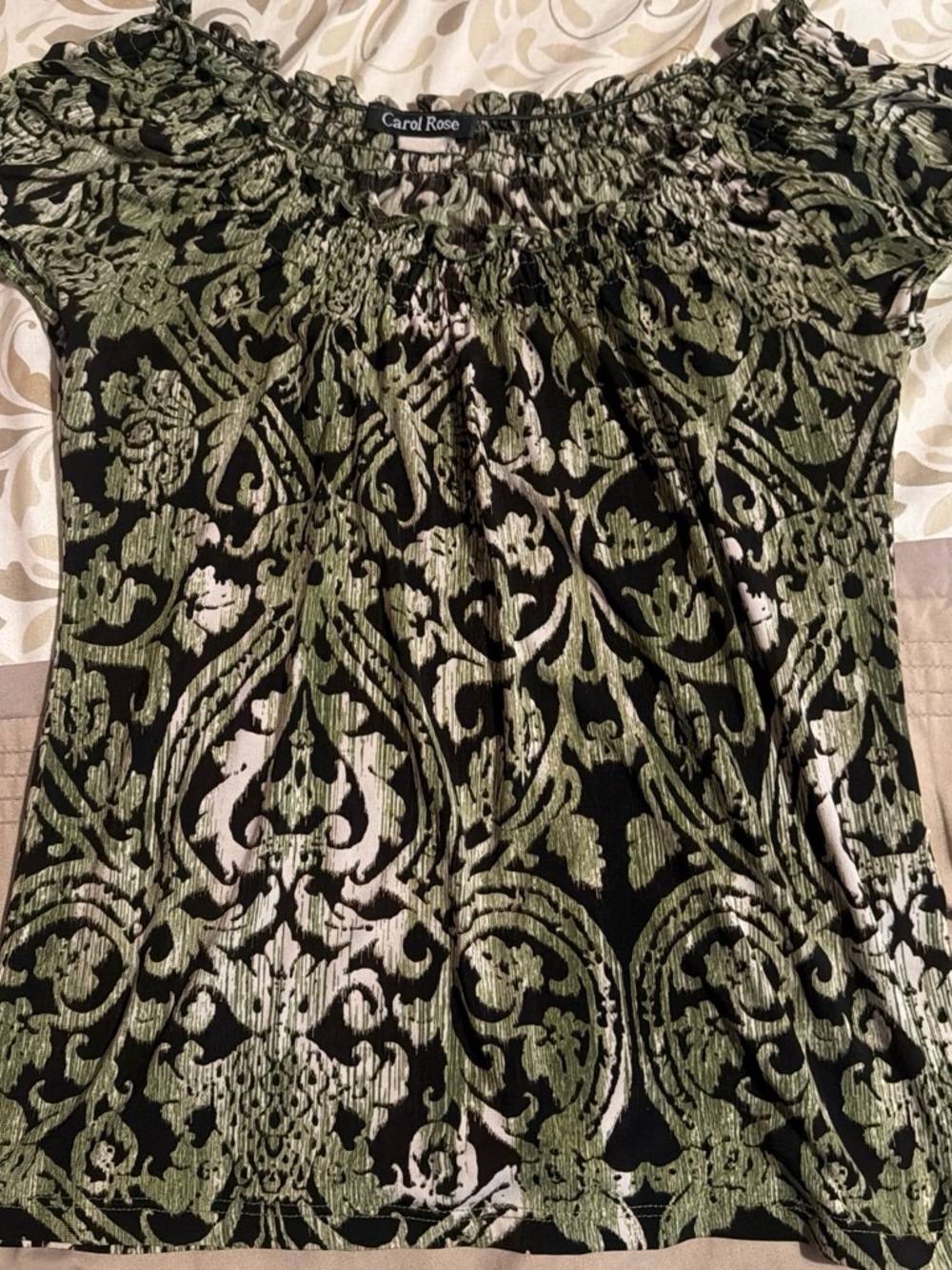 Carol Rose Black, Olive and Cream Smocked Off-Shoulder Tunic